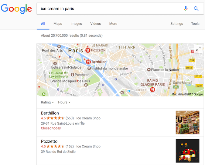 نتیجه جستجوی Google برای بستنی‌فروشی‌ها، نشان‌دهنده نتایج غنی که با داده‌های ساختاریافته فعال شده‌اند.